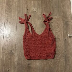 American Eagle Outfitters Red Smocked Tie Front Crop Tank Top
